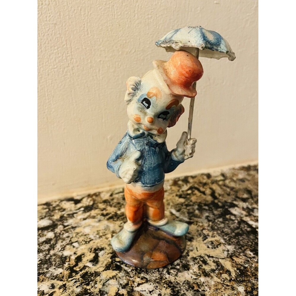 Sad Creepy Clown Figurine Collectible, Orange Blue Umbrella Jacket, 5 In.